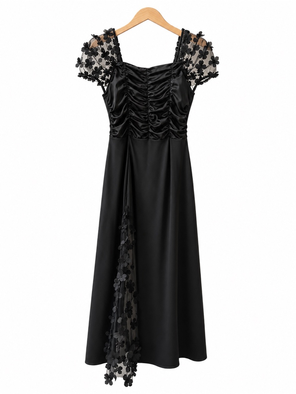 Elegant Black Midi Dress with Floral Sheer Sleeves